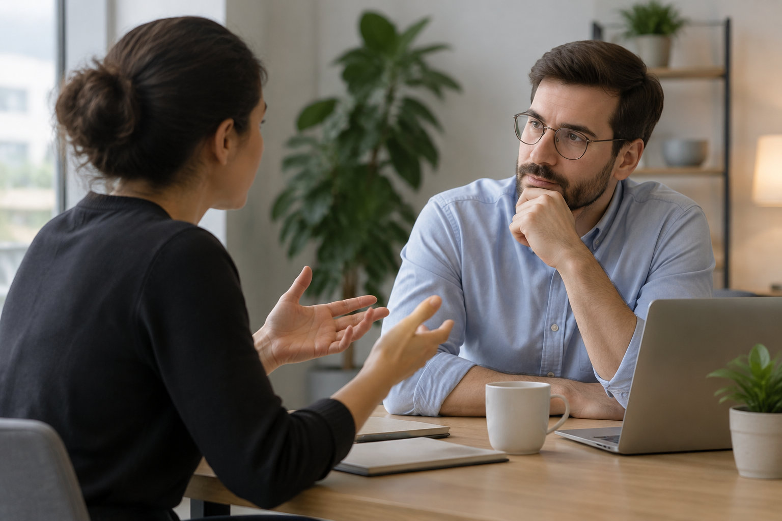 Une femme parle en faisant des gestes à un homme qui l’écoute, assis à une table avec un ordinateur portable et une tasse.