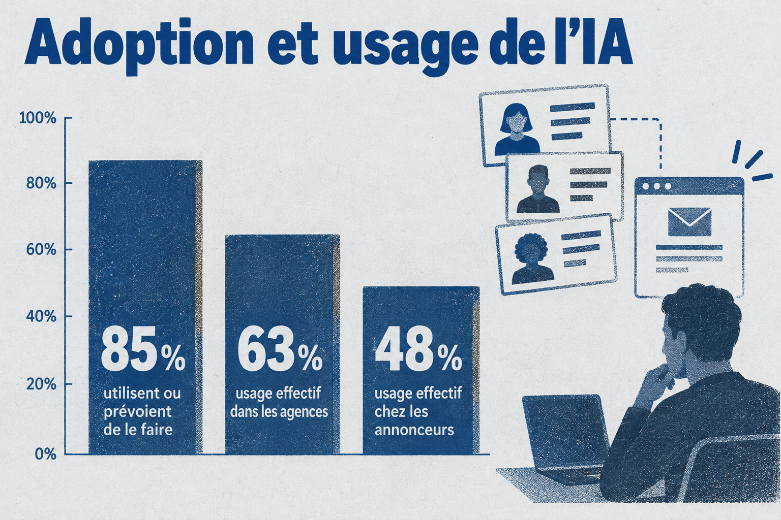 85 % des répondants utilisent ou prévoient d’utiliser l’IA, tandis que l’usage effectif atteint 63 % dans les agences et 48 % chez les annonceurs.