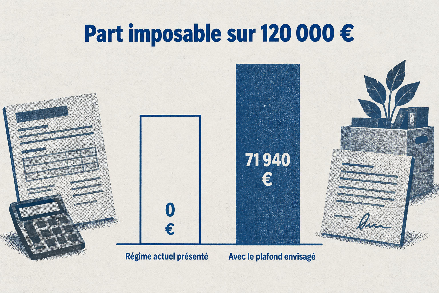 Sur une indemnité de 120 000 €, la part imposable passe de 0 € dans le régime actuel présenté à 71 940 € avec le plafond envisagé.