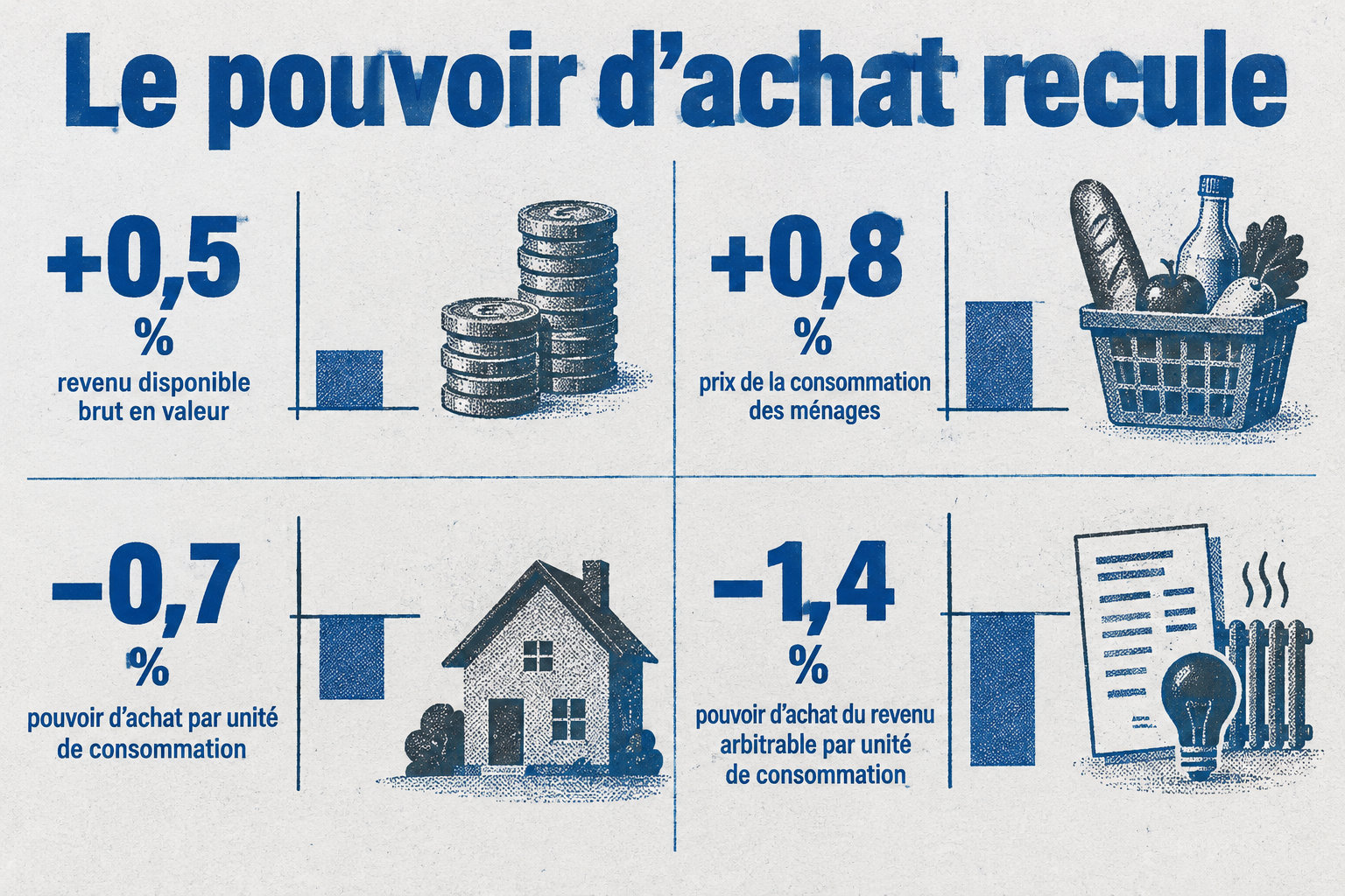En 2025, le revenu disponible brut a progressé de 0,5 % en valeur et les prix de 0,8 %, tandis que le pouvoir d’achat a reculé de 0,7 % par unité de consommation, et de 1,4 % pour le revenu arbitrable.