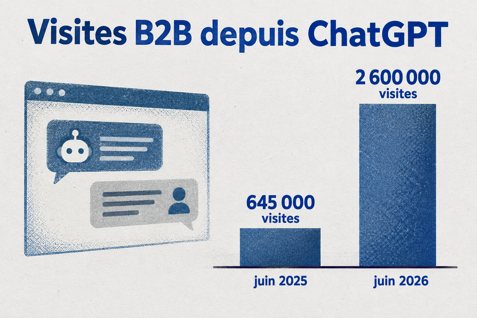 Les visites B2B depuis ChatGPT passent de 645 000 en juin 2025 à 2 600 000 en juin 2026.