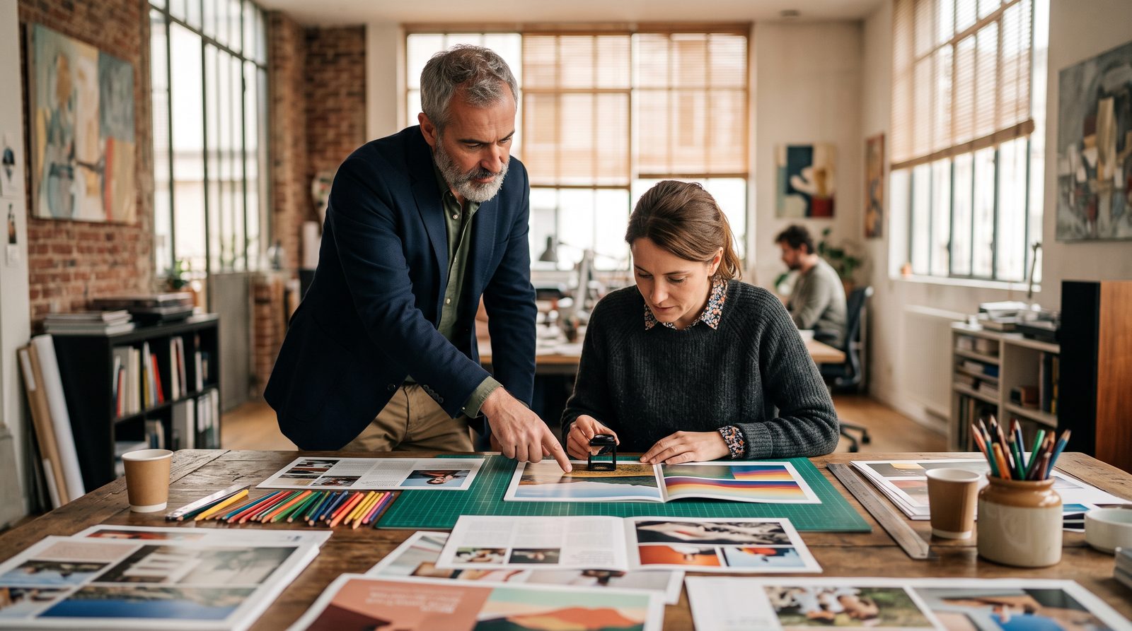 Créative et directeur artistique qui examinent des épreuves d'images, sur la publicité dans les images de ChatGPT