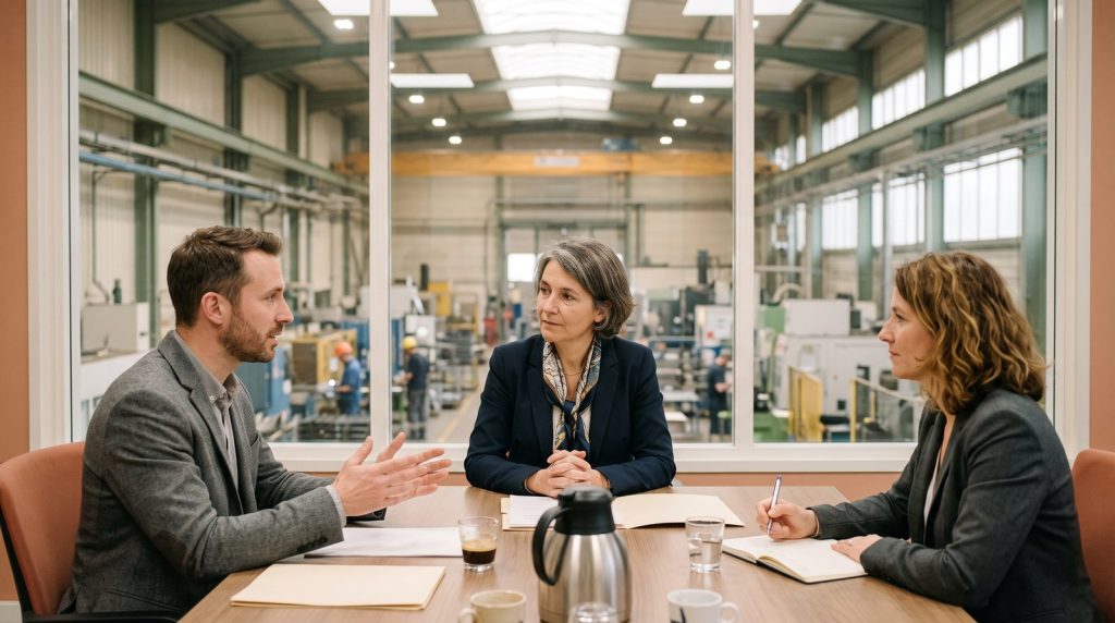 Directrice des achats d'une usine qui écoute deux consultants, sur la recommandation de prestataires B2B par l'IA