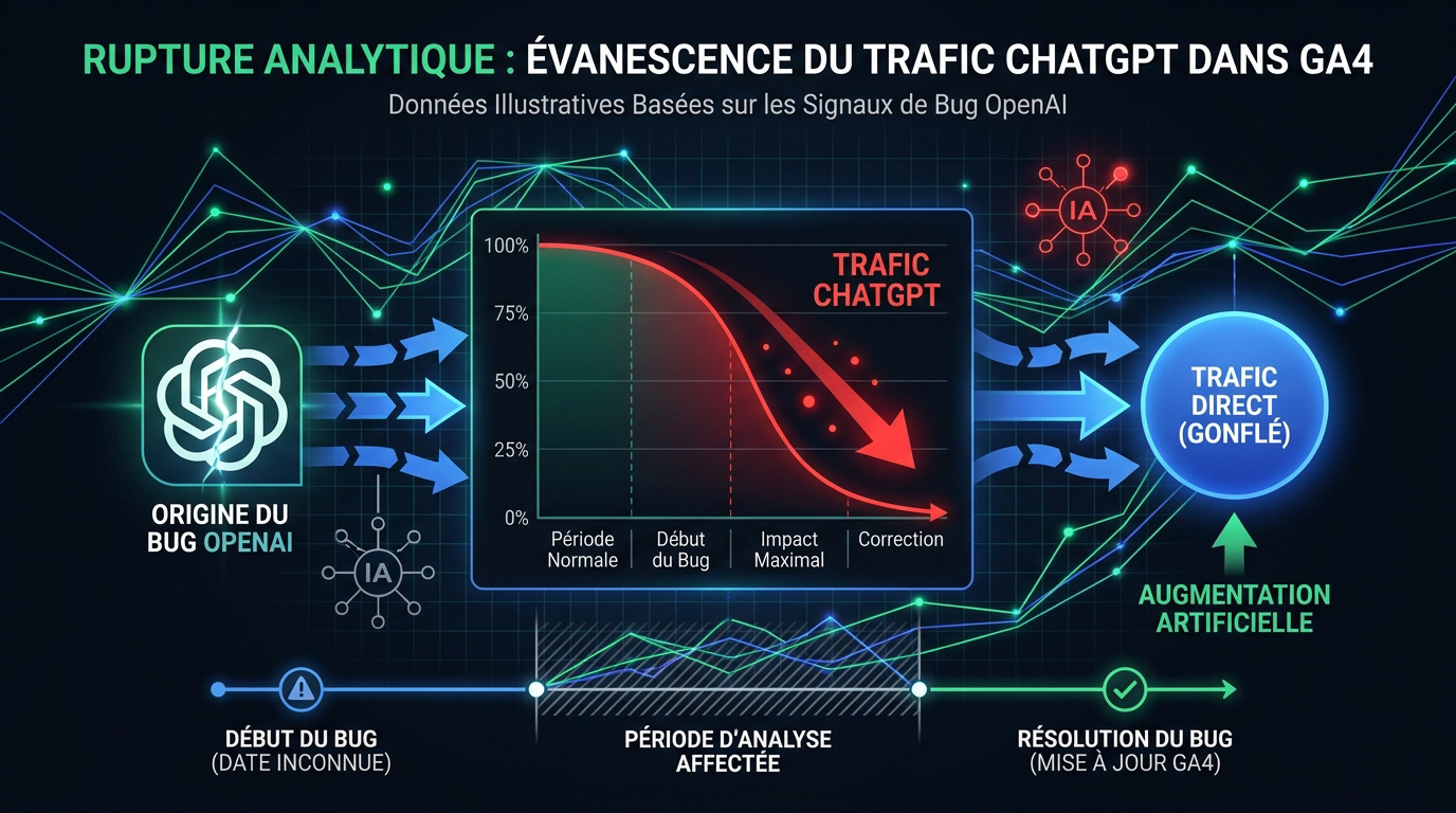 Graphique illustrant la chute du trafic ChatGPT et la hausse corrélée du trafic direct dans Google Analytics 4