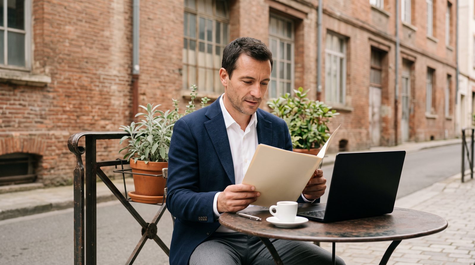 Responsable grands comptes qui prépare un rendez-vous client en terrasse, sur les agents IA de Salesforce pour l'ABM