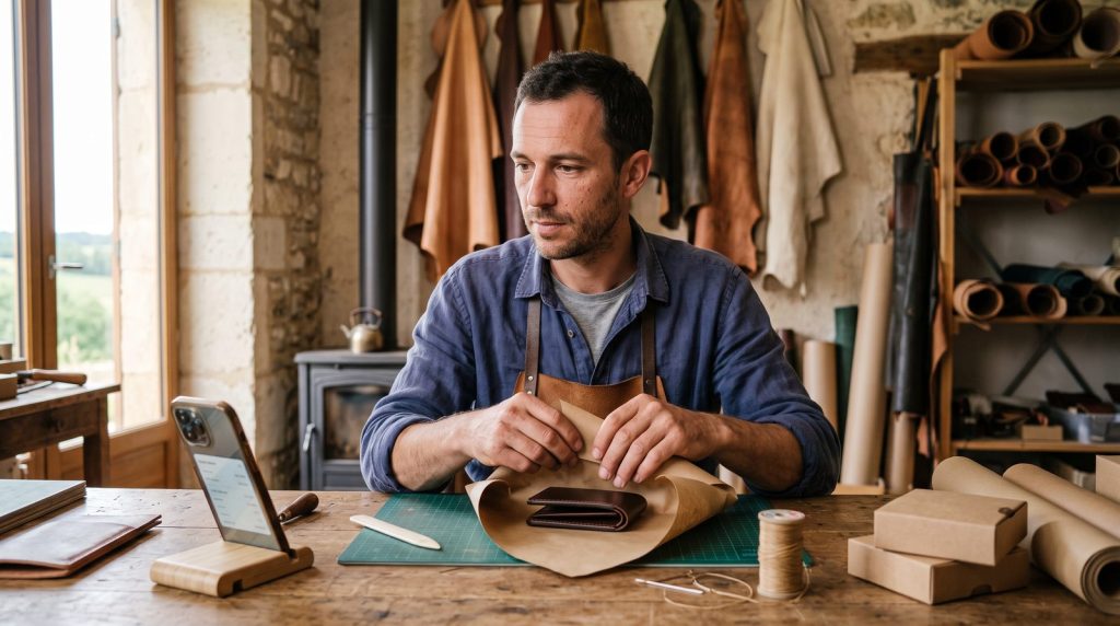 Artisan maroquinier qui emballe un portefeuille en suivant une commande en ligne, sur Shopify et la vente via l'IA