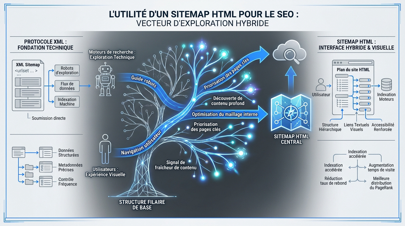 Schéma illustrant la synergie entre sitemap HTML et XML pour l'exploration SEO