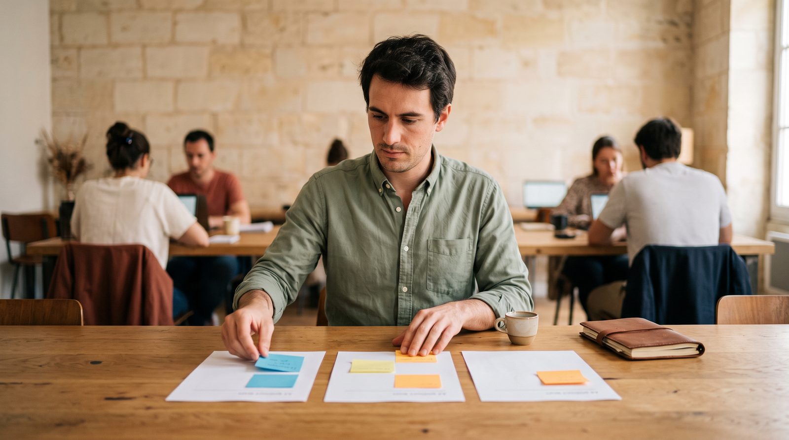 Rédacteur qui classe trois fiches produit avec des notes adhésives, illustration de la stratégie comparatif et listicle