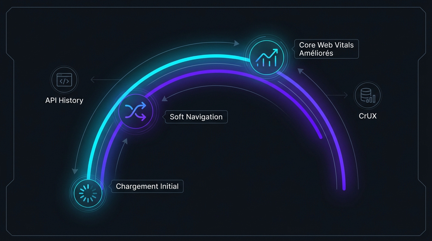 Tableau de bord futuriste analysant les performances web et les soft navigations