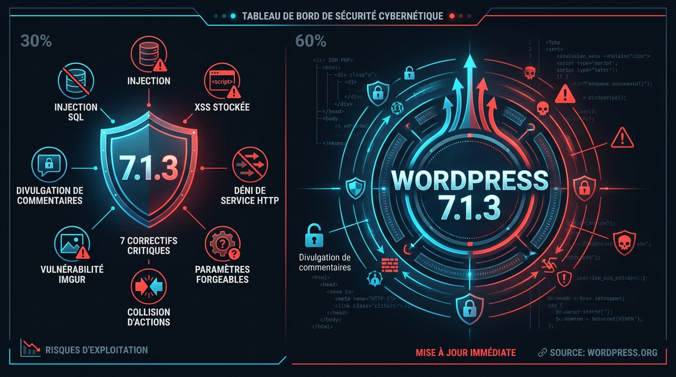 Interface d'administration WordPress affichant les alertes de sécurité et les mises à jour critiques de la version 7.1.3