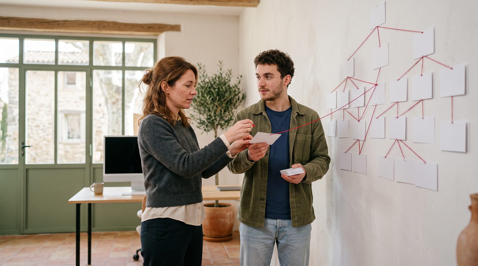 Webmaster et stagiaire qui construisent au mur un plan de site en fiches et fil rouge, sur le sitemap HTML en SEO